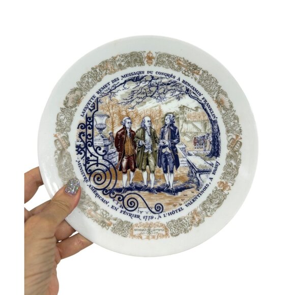 Henri D’Arceau Limoges Vintage Plate 1977 Lafayette Benjamin Franklin Message Fr - Picture 1 of 14